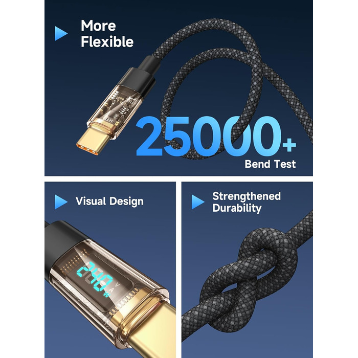 Кабель USB-C RAVIAD: Швидка зарядка PD3.1, нейлон, 0.5м, 240W, чорний. Сумісний з iPhone, Galaxy, Pixel, iPad, MacBookAir