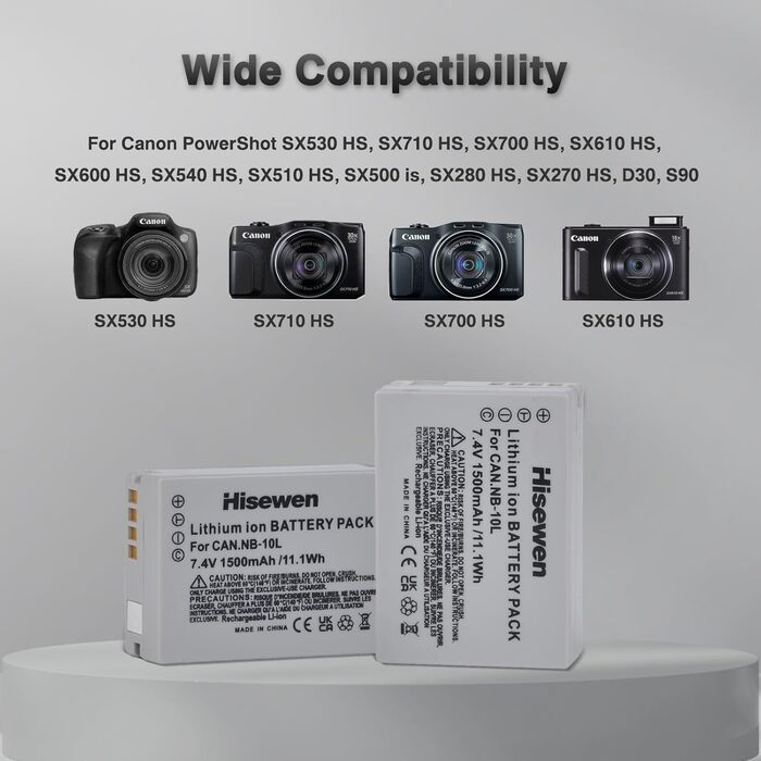 Акумулятор Hisewen NB-10L 1500mAh та зарядний пристрій для Canon PowerShot G1 X, G3 X, G15, G16, SX40 HS, SX50 HS, SX60 HS
