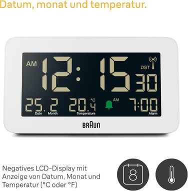 Braun Funk-Digitalwecker for the Central European Time Zone (DCF) with date, month, and temperature display, negative LCD display, and white alarm tone, Model BC10W-DCF.