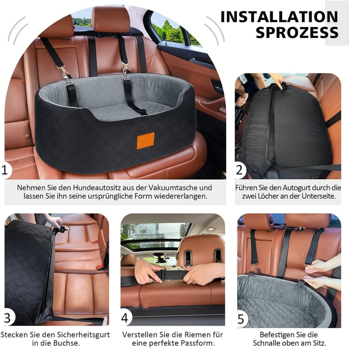 Dog Car Seat for Medium/Large Dogs (Up to 25 kg) or 2 Small Dogs - with Safety Leashes & Washable Cushion - Black Rear Seat Cover