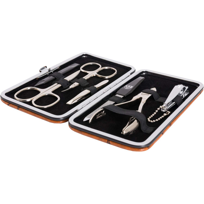 Набір для манікюру DREI SCHWERTER 'Sanremo' - Німецька якість | Преміум-набір для манікюру в чорному еко-шкіряному етиуі | Вміст: ножиці для нігтів, ножиці для кутикули, щипчики для нігтів, пінцет, напільничок з сапфіру та інше! (Імітація букета - Когняк)