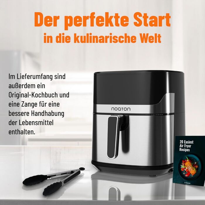Фритюрниця Noaton з гарячим повітрям 6,2 л, цифровий Air Fryer, 8 програм, 1600 Вт, без олії, регулювання температури 80-200°C, з кулінарною книгою та кухонними щипцями, компактна
