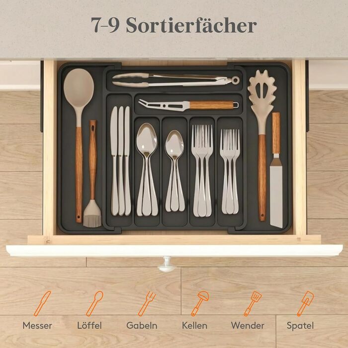 Органайзер для столових приборів Lifewit в шухляду, розсувний, 7-9 відділень, 35-48 см, чорний