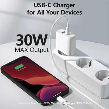 Швидкий зарядний пристрій Envircell USB-C GaN 30W з 2 портами (USB-C та USB-A), PD 3.0, білий. Сумісний з iPhone, Samsung та іншими телефонами.