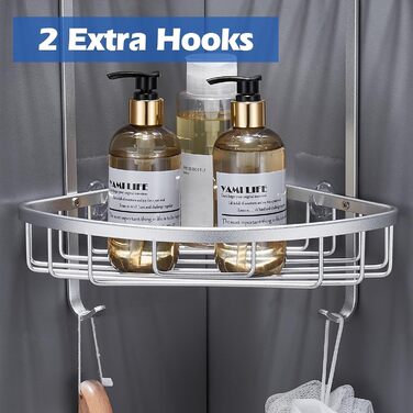 Поличка для душу Gricol Eck-Duschregal без свердління, металева, кутова, з 2 гачками, для ванної кімнати, срібна