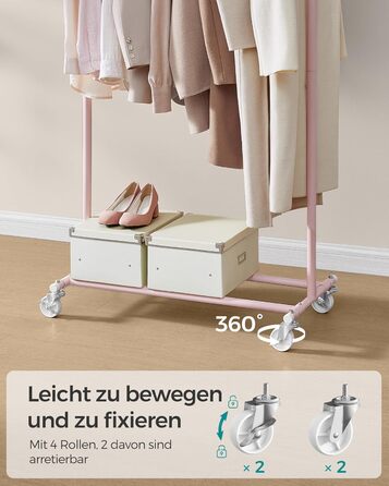 SONGMICS Стійка для одягу на коліщатках, важка, висувна штанга, до 100 кг, рожева HSR013R01, 92-132 см