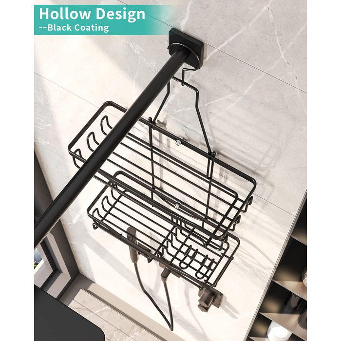 HapiRm Shower Shelf to Hang with Razor Holder & Soap Holder, Hanging Shower Shelf with Multiple Hooks - High-Quality Hanging Shower Basket Stainless Steel No Drilling, Black