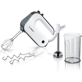 Міксер Bosch Styline MFQ49700, 850 Вт, 5 швидкостей, 2 вінчики та гачки з нержавіючої сталі, спіральний кабель, насадка-блендер, білий/темно-сріблястий