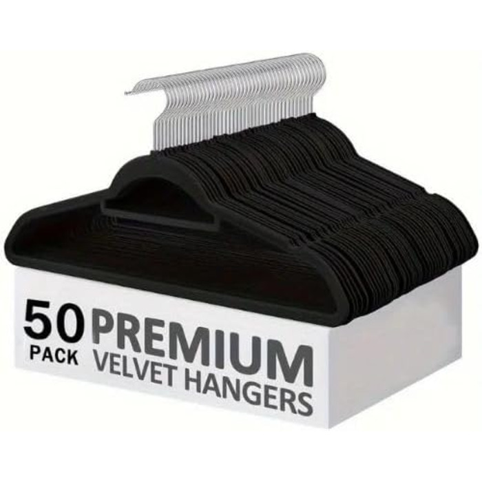 50 шт. Чорні велюрові вішалки для одягу з нековзким покриттям, для костюмів та краваток, з поворотним механізмом 360°, сріблясті