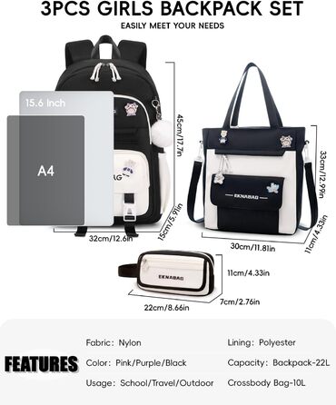 Рюкзак Tanou для дівчаток, шкільний набір: рюкзак, сумка через плече та пенал, чорний