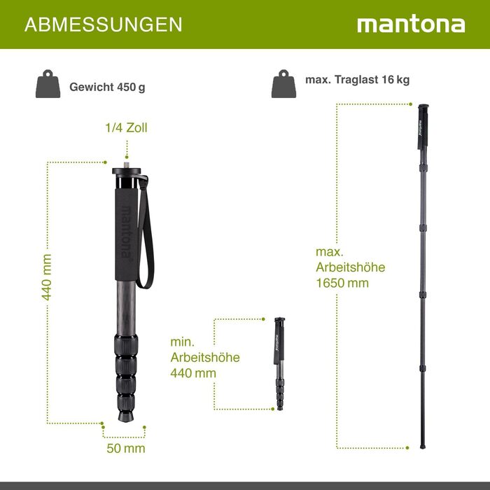 Штатив Mantona Pro One одноногий, карбоновий, чорний - регулювання висоти 39-144 см, з аксесуарами