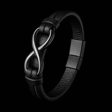 Браслет шкіряний чоловічий UNIQAL Infinity з нержавіючої сталі та натуральної шкіри (чорний/коричневий) + подарункова коробка 21 см