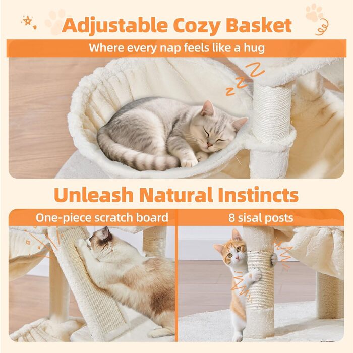 Дерев'яний кігтеточки для котів Taoqimiao MS026W, великий, бежевий (146 см) з 2 будиночками, гамаком та 8 стовпчиками для заточування кігтів