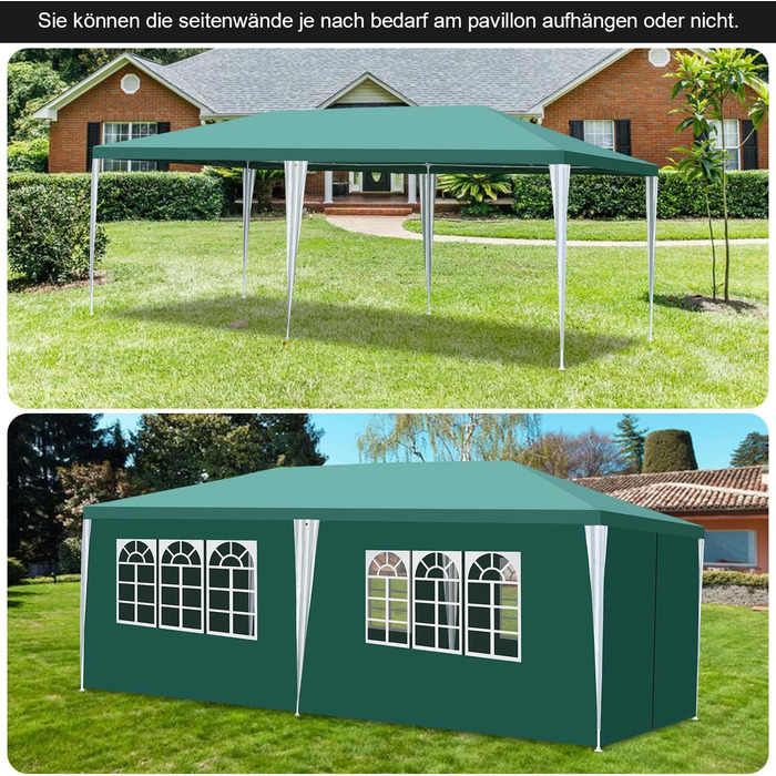 Garden pavilion - Garden pavilion with 6 side walls and windows, stable, UV protection, waterproof, party pavilion, folding garden tent, party tent, for outdoor use, garden, party, wedding (3x6m, Green)