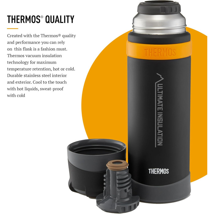Термос Ultimate Flask 900 мл, матовий чорний, з нержавіючої сталі, для гарячих та холодних напоїв. Зберігає тепло та холод, має витікання.