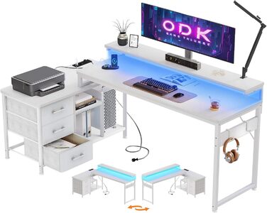 Кутовий стіл ODK з ящиками, 174x100 см, білий з полицею, для геймінгу та офісу, з підставкою для монітора