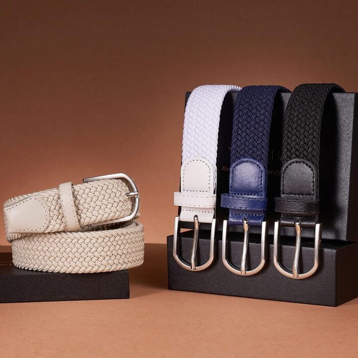 Тканинні ремені Tangchao 2 шт. Плетені еластичні ремені для жінок та чоловіків, 3.3 см, 90-135 см, чорний+бежевий, 100 см