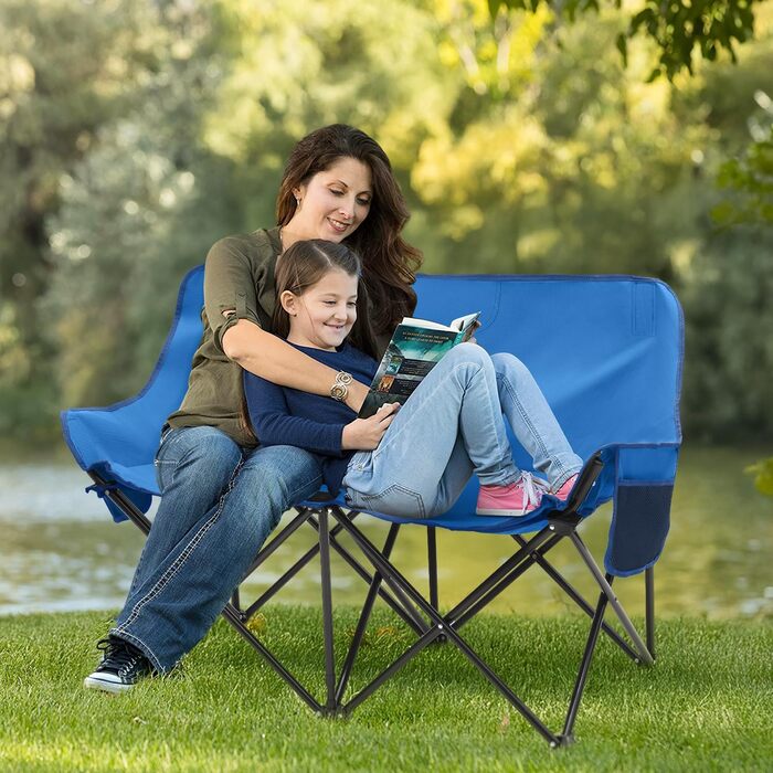 Складане крісло-диван для кемпінгу на 2 особи - переносна модель з підлокітниками та сумкою, блакитний, 110 см. Ідеально для пікніків, кемпінгу, саду, балкону, риболовлі та відпочинку на природі.