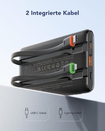 Повербанк VEGER 10000mAh 22.5W з вбудованим кабелем USB-C, швидка зарядка, чорний