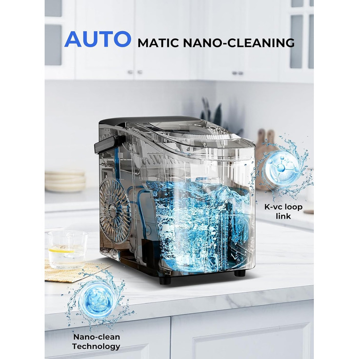 FOHERE Ice Maker - Fast Ice in 5 Minutes, 14kg/24h Capacity, Self-Cleaning, 2 Sizes, Portable for Kitchen, Office, Bar & Party (Black)