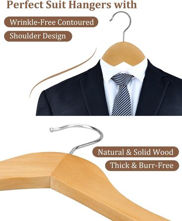 Дерев'яні вішалки для одягу AMKUFO, 20 шт., з неслизьким покриттям, обертовий гачок 360°, для джинсів, штанів, курток, сорочок, суконь, натуральне дерево