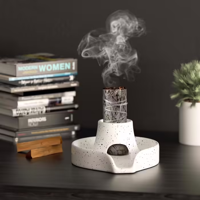 Incense Holder, Incense Stick Bowl, Ceramic Incense Holder, Burn Bowl for White Sage/Palo Santo Stick/Incense, 3-in-1 Burner Bowl with White Sage Bundle (Gray)