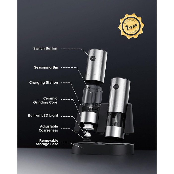Електрична мельниця для солі та перцю FORLIM, USB-зарядка, з LED-підсвіткою, регульована ступінь помолу, 7 рівнів, 2 шт. (чорний+білий)