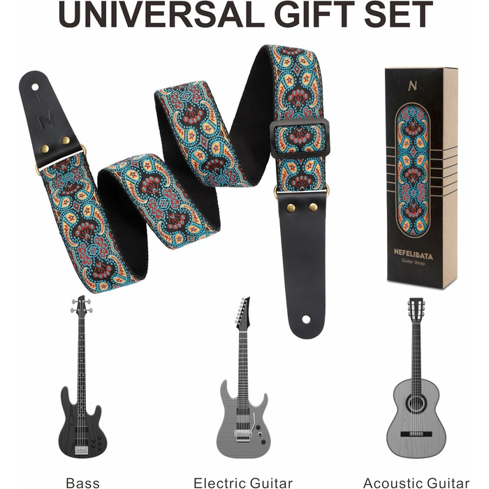 Гітарний ремінь Nefelibata: бавовняний з шкіряними кінцями, для акустичної та електрогітари, комплект з 2 шт.