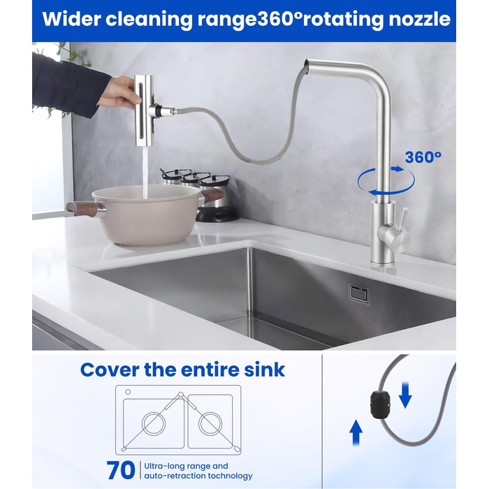 Висувний змішувач для кухні з 4 режимами – нержавіюча сталь, водоспад, високий тиск, 3/8 дюйма, для мийки
