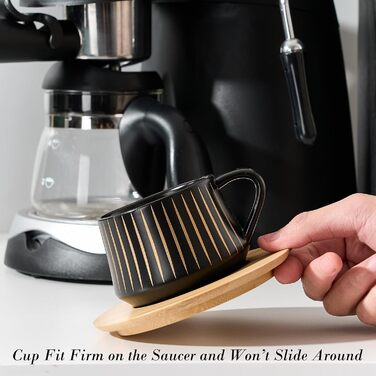 Набір керамічних чашок та підставок для кави з металевим стійкою (6 шт.), 130 мл, чорний, для капучіно, еспресо, лате, американо, чаю