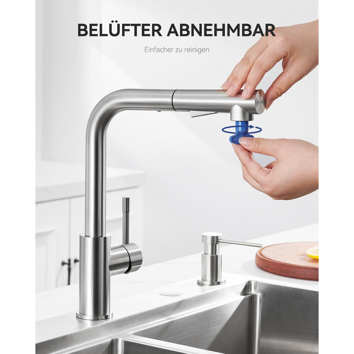 Змішувач кухонний Sofetiy висувний з душем, нержавіюча сталь, 360° поворот, одноlever, 2 режими струменя