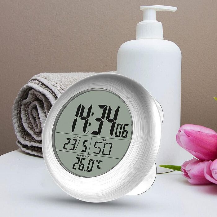 infactory Bathroom Radio Clock: Digital Bathroom Radio Wall Clock with Thermometer, Aluminum, Suction Cups, IP24 (Bathroom Radio Clock Digital, Clock, Gift Ideas)