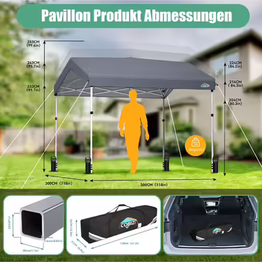 COBIZI Pavilion - Folding Pavilion - Waterproof, Stable, 275 cm Party Tent, UV Protection 50+, Folding Pavilion with Waffle Pattern for Camping, Beach, Family Gatherings (White) (Gray, 3x3m with 1 Side Walls)