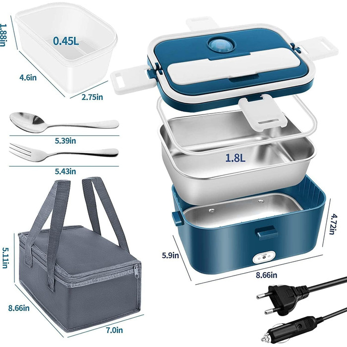 Електрична ланчбокс 1,8л 100W 3-в-1 з підігрівом 12V/24V/220V для авто/офісу/дому (з виделкою та ложкою, блакитна)