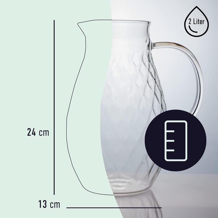 Borosilicate glass carafe with lid and spout - Glass carafe with a unique diamond pattern for 2 liters of cold or hot water - Drink dispenser for homemade iced tea and juice
