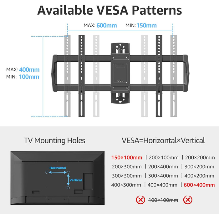 Кріплення для телевізора MOUNTUP 962mm з подовженою ручкою для телевізорів 42-75 дюймів (до 45 кг), поворотне та нахильне, VESA 600x400mm, EU0047-L