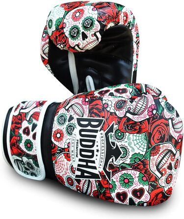BUDDHA FIGHT WEAR Luzbel Boxing Gloves - Muay Thai & Kickboxing - Red 12oz Leather Interior - Reinforced Stitching - Multiple Designs