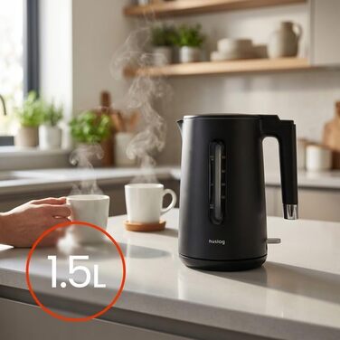Електричний чайник з подвійними стінками 1,7л, 2200W, швидке кип'ятіння, тихий та безпечний, бездротовий з 360° базою, знімною кришкою, точним виливом (Чорний)