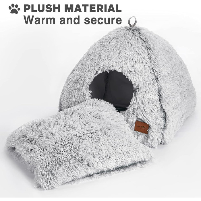Cat Cave Cat Bed Cat House Cozy Cave 40x40cm Foldable Washable Comfortable Cat Sleeping Place for Cats Kittens Puppies with Removable Cat Head Pillow Beige (Gray-M)