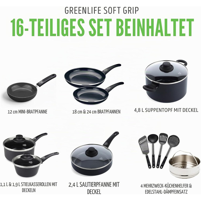 Набір посуду GreenLife Soft Grip з керамічним антипригарним покриттям, 16 предметів (сковорода, сотейник, каструлі), без PFAS, підходить для посудомийки та духовки, чорний