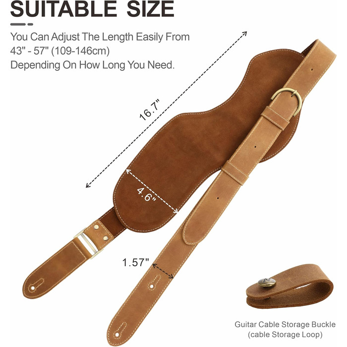 Гітарний ремінь Nefelibata з повномісної шкіри, 2' з кишенею для медіатора, для бас-, електро- та акустичної гітари, з медіаторами, кнопками та замками (Star Black) (Vintage Latte Brown)