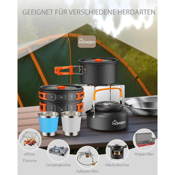 Набір кухонного посуду для кемпінгу HOMGEN: каструлі та сковорідки з алюмінію, легкий, для 2-3 осіб, з сумкою, для кемпінгу, пікніків, походів