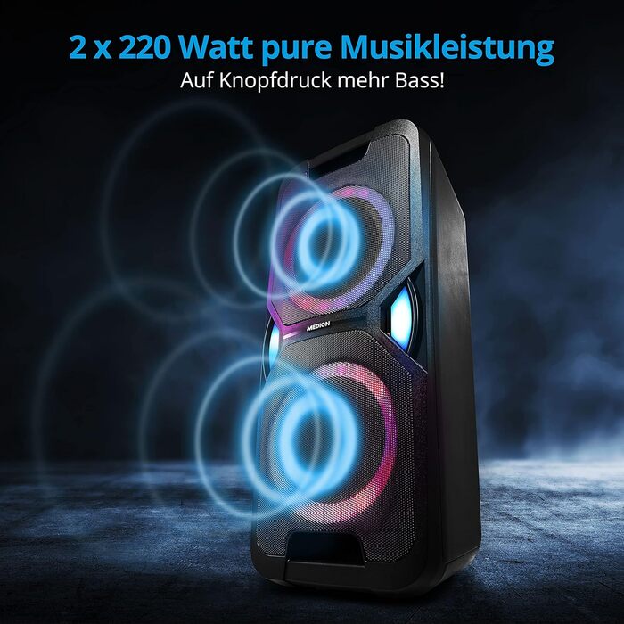 MEDION Party-Soundsystem P67038: караоке-система з LED, Bluetooth 5.0, USB, AUX, 2 мікрофони, 220W