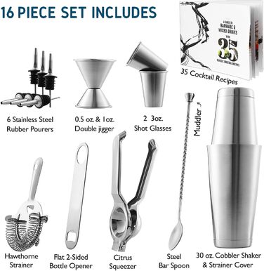 Набір бармена EATEX 16 предметів: шейкер, прес для лимона, інструменти для коктейлів та рецепти. З нержавіючої сталі