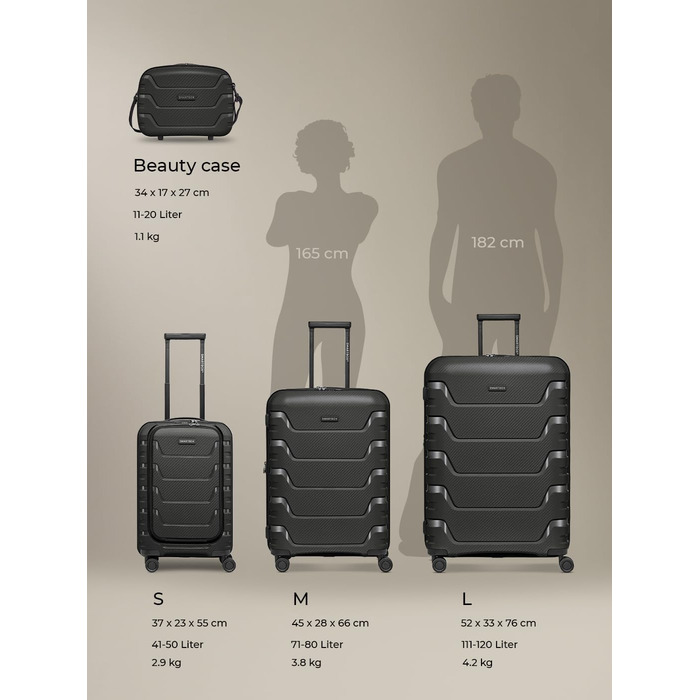 Набір валіз SMARTBOX з жорстким корпусом (3 шт) | Розширюваний на 3 см | З поліпропілену, TSA-замок, 4 колеса | Для жінок та чоловіків (Edition 01) (Чорний, S (55 см) з відділом для ноутбука)