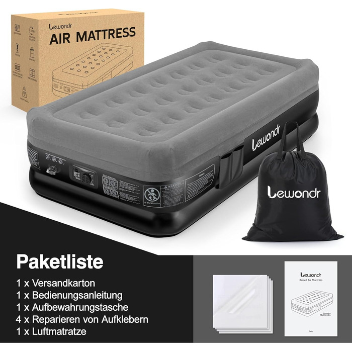 Надувне ліжко Lewondr для 2 осіб з вбудованим насосом, комфортна надувна матрац, самонадувна, для кемпінгу, дому, гостей, подорожей (300 кг MAX), (191x99x46 см, сірий)