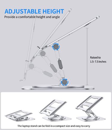 AOEVI Adjustable Laptop Stand with 360° Swivel Base - Ergonomic Foldable Laptop Riser for Desk - Compatible with MacBook Pro/Air & Notebooks up to 16 inches (Pro Silver)