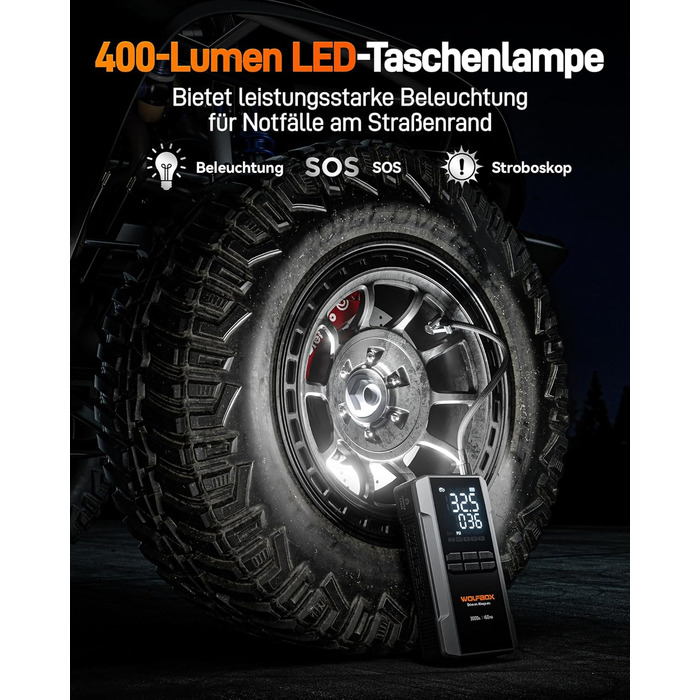 WOLFBOX 4000A Пускозарядний пристрій з компресором 160PSI, 12V, 65W, 88.8Wh, для бензинових/дизельних двигунів 10L, LED-ліхтар, кабелі, 4000A