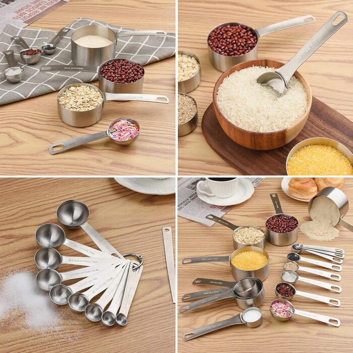 Stainless Steel Measuring Cups and Spoons Set, 8 Piece Measuring Cups, 9 Piece Spoons, 1 Leveler, 1 Conversion Chart for Stainless Steel Measuring Cups, 18/8 (304)