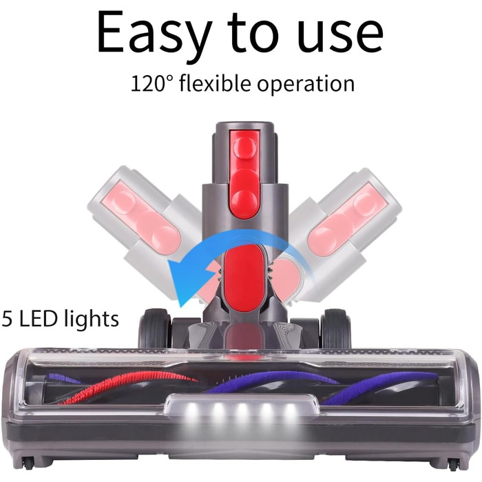 Насадка для пилососа Dyson V7, V8, V10, V11, V15: щітка з прямим приводом та 5 LED-ліхтариками для твердих поверхонь (сіра)